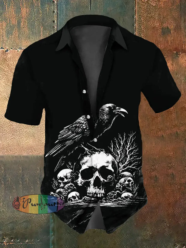 Men’s Vintage Punk Raven Skulls Abstract Print Casual Cotton Short Sleeve Shirt Black / S