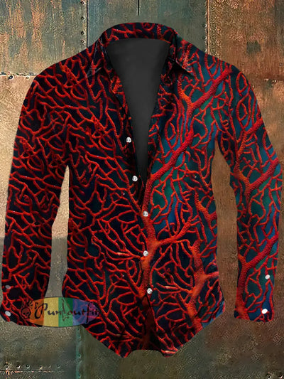 Men’s Vintage Punk Red Coral Design Abstract Print Casual Long Sleeve Shirt Red / S
