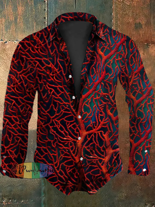 Men’s Vintage Punk Red Coral Design Abstract Print Casual Long Sleeve Shirt Red / S