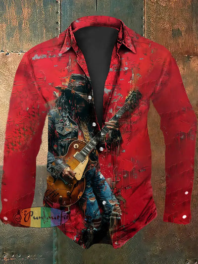 Men’s Vintage Punk Rock Guitar Abstract Print Casual Long Sleeve Shirt Red / S