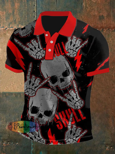 Men’s Vintage Punk Rock Skull Colour Block Abstract Printed Casual Cotton Short Sleeve Polo Shirt Black / S