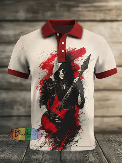 Men’s Vintage Punk Rock Skull Guitar Abstract Printed Casual Cotton Short Sleeve Polo Shirt Beige / S