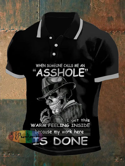 Men’s Vintage Punk Skull Asshole Abstract Printed Casual Cotton Short Sleeve Polo Shirt Black / S
