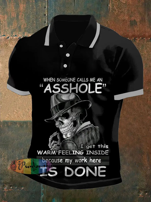 Men’s Vintage Punk Skull Asshole Abstract Printed Casual Cotton Short Sleeve Polo Shirt Black / S