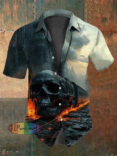 Men’s Vintage Punk Skull Flame Steam Train Abstract Print Casual Cotton Short Sleeve Shirt Green / S