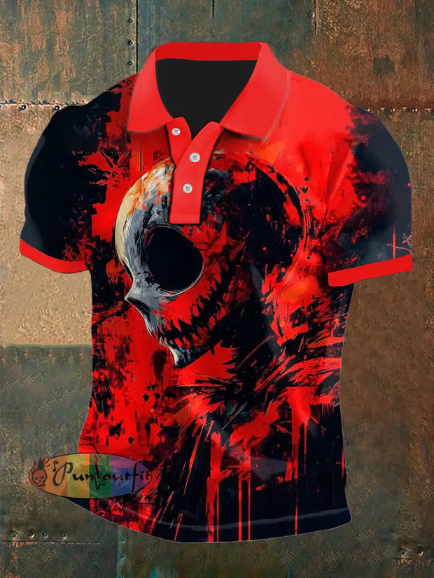 Men’s Vintage Punk Skull Graffiti Abstract Printed Casual Cotton Short Sleeve Polo Shirt Red / S