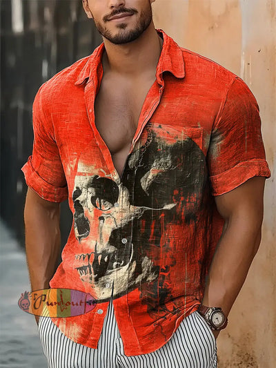 Men’s Vintage Punk Skull Graffiti Band Abstract Print Casual Cotton Short Sleeve Shirt Orange / S