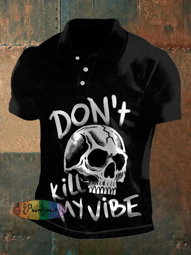 Men’s Vintage Punk Skull Graffiti Slogan Abstract Printed Casual Cotton Short Sleeve Polo Shirt Black / S