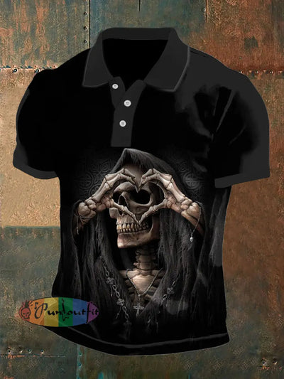 Men’s Vintage Punk Skull Heart Abstract Printed Casual Cotton Short Sleeve Polo Shirt Black / S