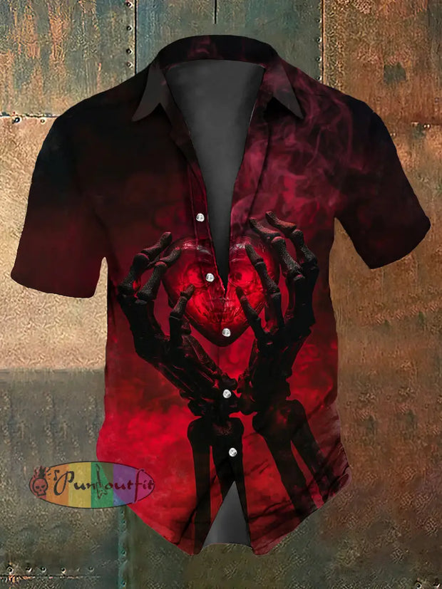 Men’s Vintage Punk Skull Heart Smoke Abstract Print Casual Cotton Short Sleeve Shirt Red / S