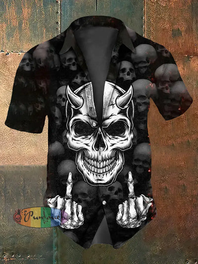 Men’s Vintage Punk Skull Middle Finger Abstract Print Casual Cotton Short Sleeve Shirt Black / S