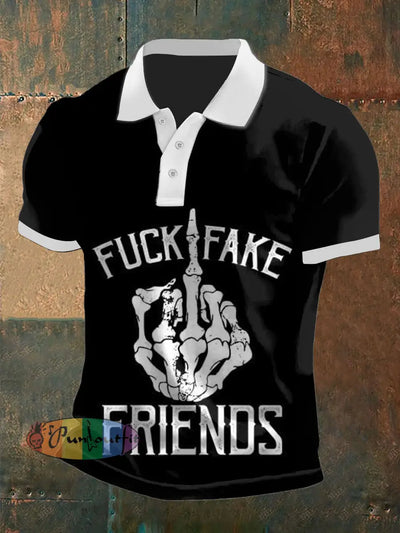 Men’s Vintage Punk Skull Middle Finger Fuck Abstract Printed Casual Cotton Short Sleeve Polo Shirt Black / S