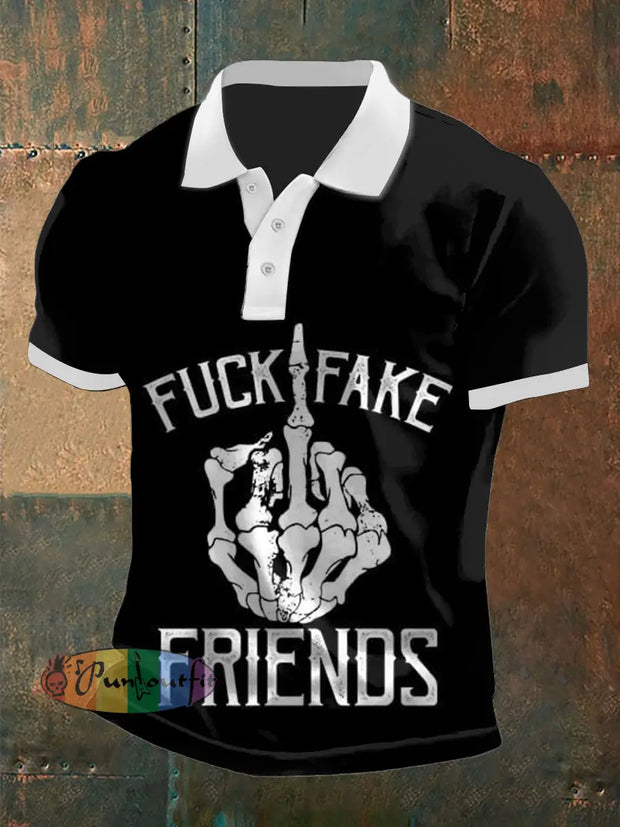 Men’s Vintage Punk Skull Middle Finger Fuck Abstract Printed Casual Cotton Short Sleeve Polo Shirt Black / S
