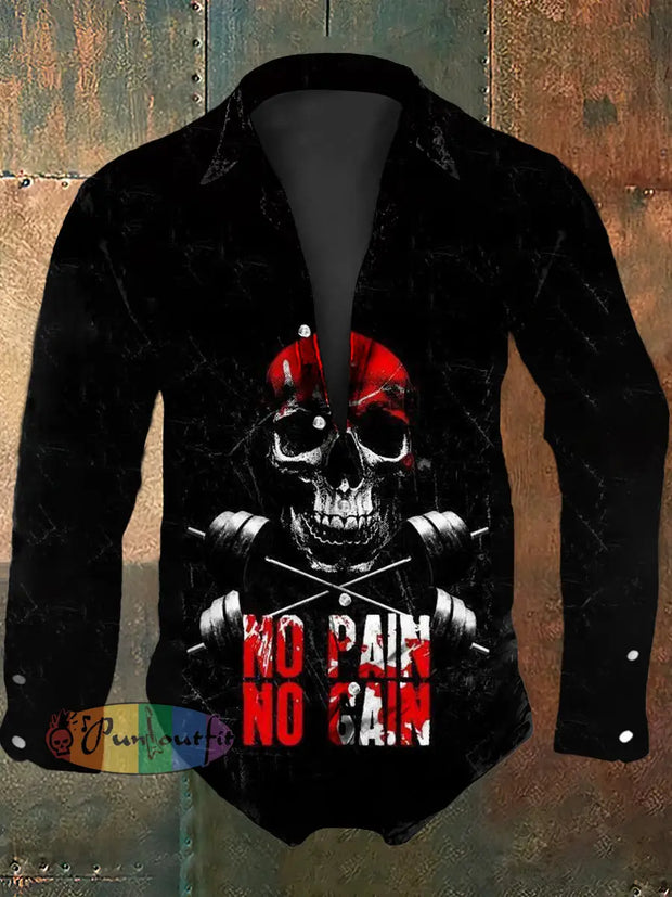 Men’s Vintage Punk Skull No Pain No Gain Abstract Print Casual Long Sleeve Shirt Black / S
