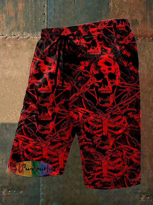 Men’s Vintage Punk Skull Rock Chains Abstract Print Casual Pocket Drawstring Shorts Red / S