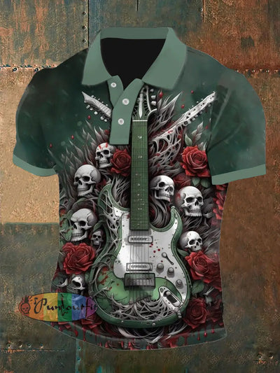 Men’s Vintage Punk Skull Rose Guitar Abstract Printed Casual Cotton Short Sleeve Polo Shirt Green / S