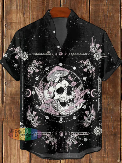 Men’s Vintage Punk Skull Rose Mushroom Print Casual Cotton Short Sleeve Shirt Black / S