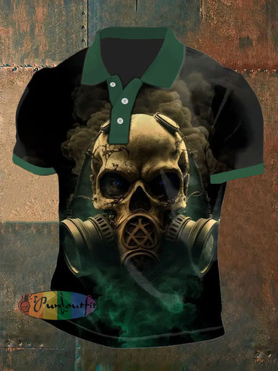 Men’s Vintage Punk Skull Smoke Abstract Printed Casual Cotton Short Sleeve Polo Shirt Green / S
