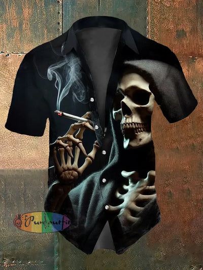 Men’s Vintage Punk Skull Smoking Abstract Print Casual Cotton Short Sleeve Shirt Black / S