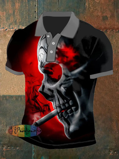 Men’s Vintage Punk Skull Smoking Art Abstract Printed Casual Cotton Short Sleeve Polo Shirt Black / S
