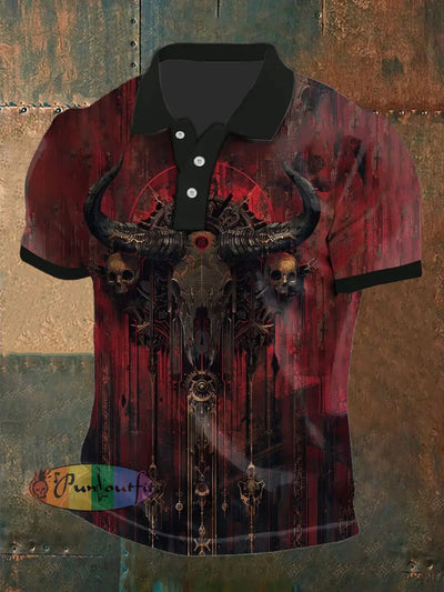 Men’s Vintage Punk Skulls Bullhorn Abstract Printed Casual Cotton Short Sleeve Polo Shirt Red / S
