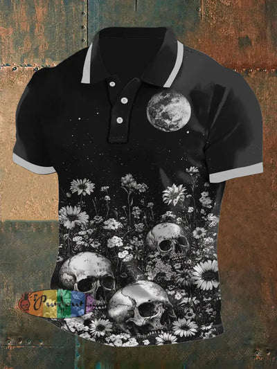 Men’s Vintage Punk Skulls Floral Moon Abstract Printed Casual Cotton Short Sleeve Polo Shirt Black / S