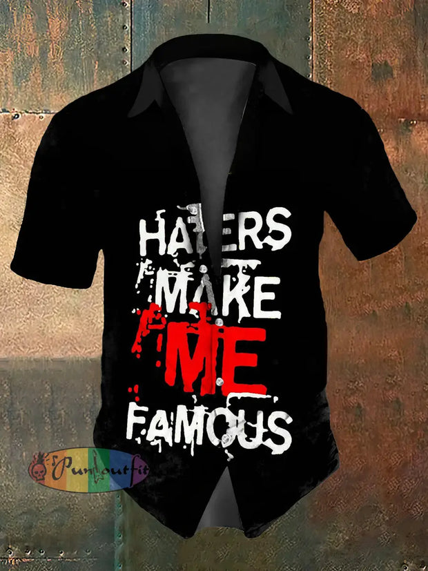 Men’s Vintage Punk Slogan Me Abstract Print Casual Cotton Short Sleeve Shirt Black / S