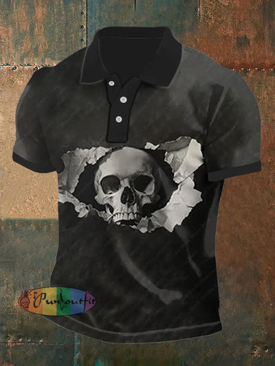 Men’s Vintage Punk Split Skull Abstract Printed Casual Cotton Short Sleeve Polo Shirt Dark Gray / S