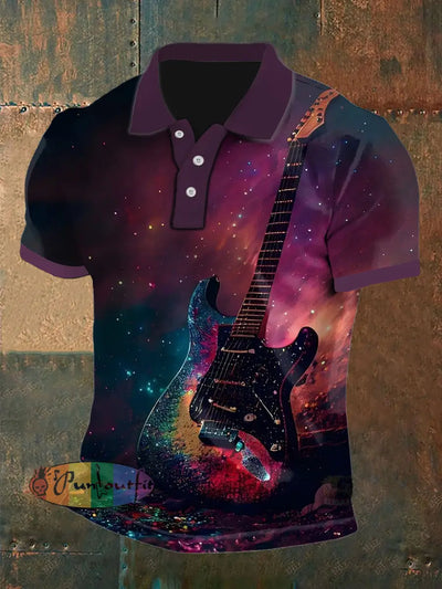 Men’s Vintage Punk Star Guitar Colourful Abstract Printed Casual Cotton Short Sleeve Polo Shirt Deep Purple / S