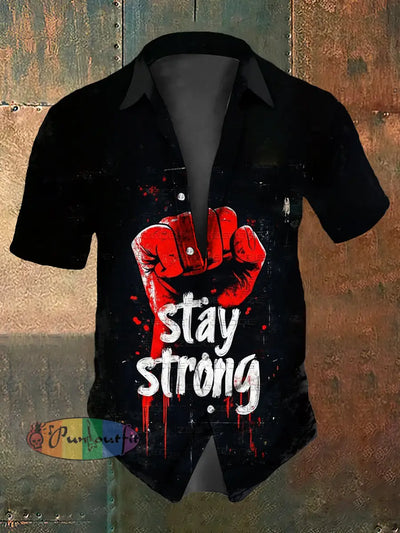 Men’s Vintage Punk Stay Strong Abstract Print Casual Cotton Short Sleeve Shirt Black / S