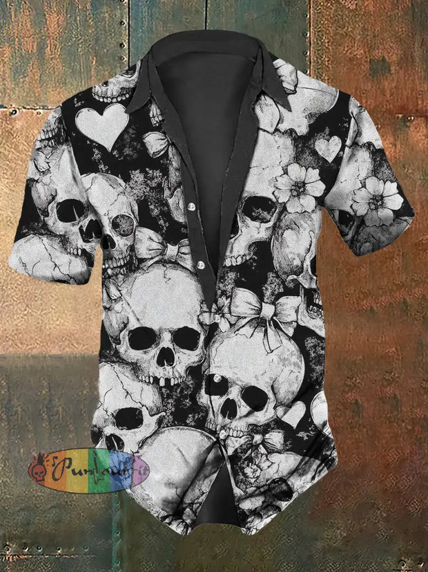 Men’s Vintage Punk Style Skull Print Casual Shirt Black / S