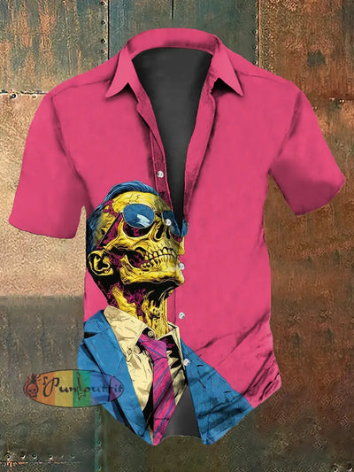 Men’s Vintage Punk Suit Skull Abstract Print Casual Cotton Short Sleeve Shirt Pink / S
