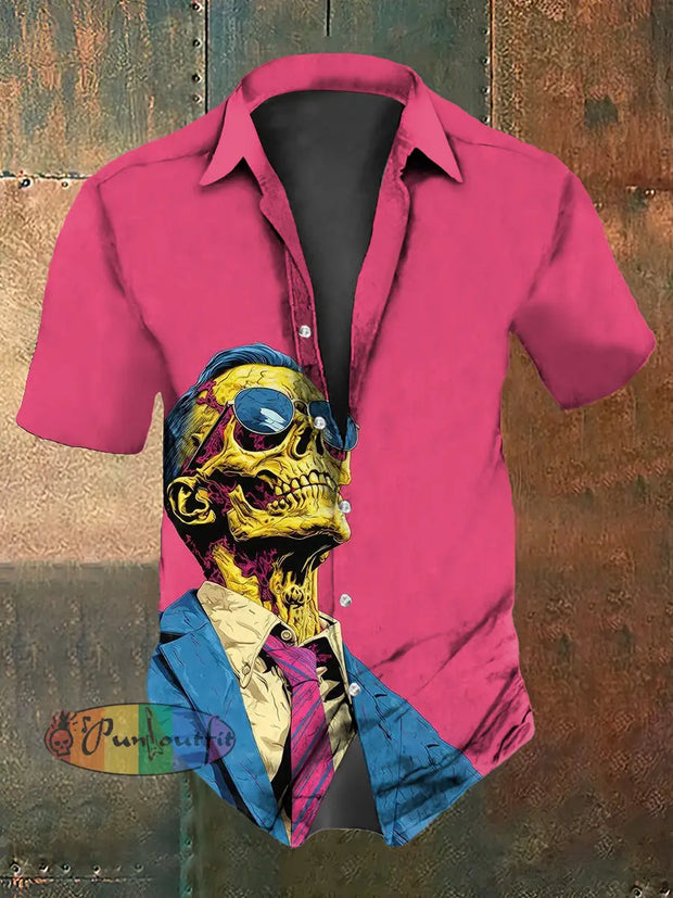 Men’s Vintage Punk Suit Skull Abstract Print Casual Cotton Short Sleeve Shirt Pink / S