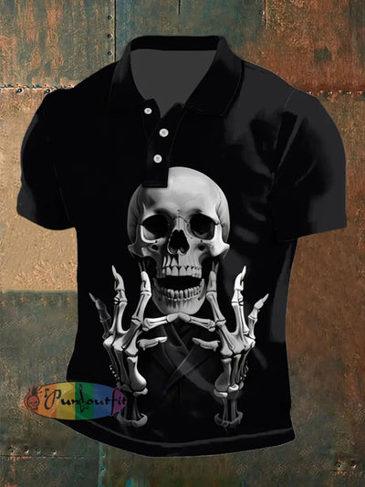 Men’s Vintage Punk Suit Skull Abstract Printed Casual Cotton Short Sleeve Polo Shirt Black / S