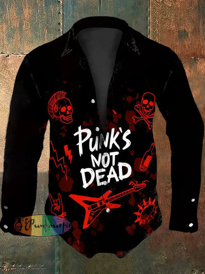 Men’s Vintage Punks Not Dead Abstract Print Casual Long Sleeve Shirt Black / S