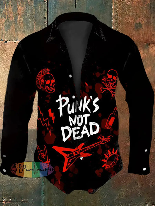 Men’s Vintage Punks Not Dead Abstract Print Casual Long Sleeve Shirt Black / S