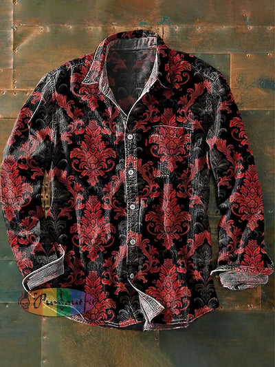 Men’s Vintage Red Floral Pattern Art Print Long Sleeve Pocket Shirt Colorful / S