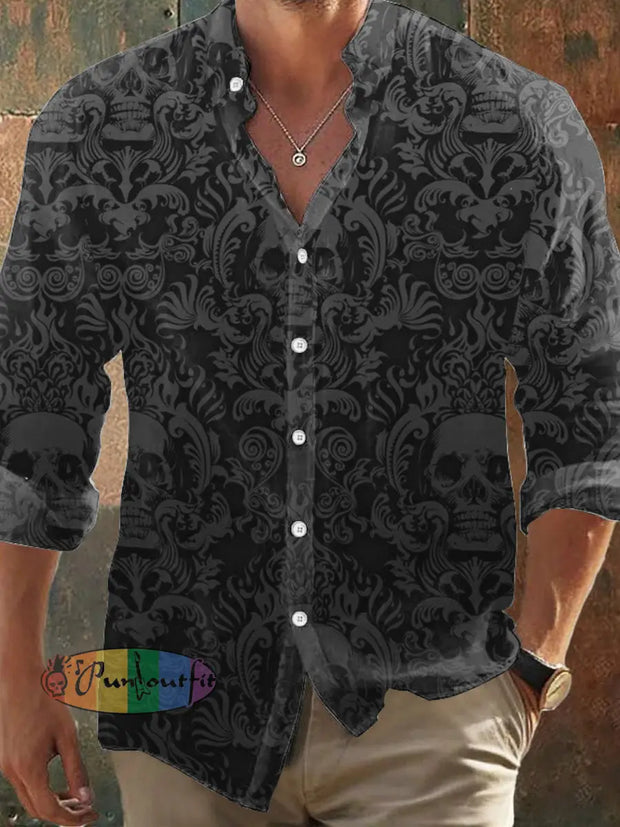 Men’s Vintage Retro Dark Style Skull Print Casual Long Sleeve Shirt Black / S