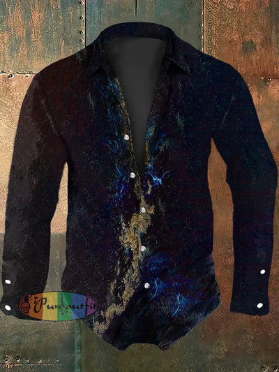 Men’s Vintage Ripple Foil Stamping Abstract Print Casual Long Sleeve Shirt Navy Blue / S