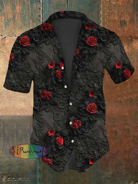 Men’s Vintage Rose Print Casual Short Sleeve Shirt Black / S