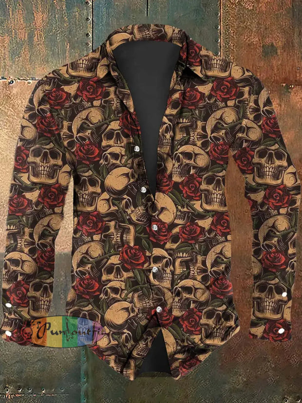 Mens Vintage Rose Skull Print Long Sleeve Shirt As Picture / S