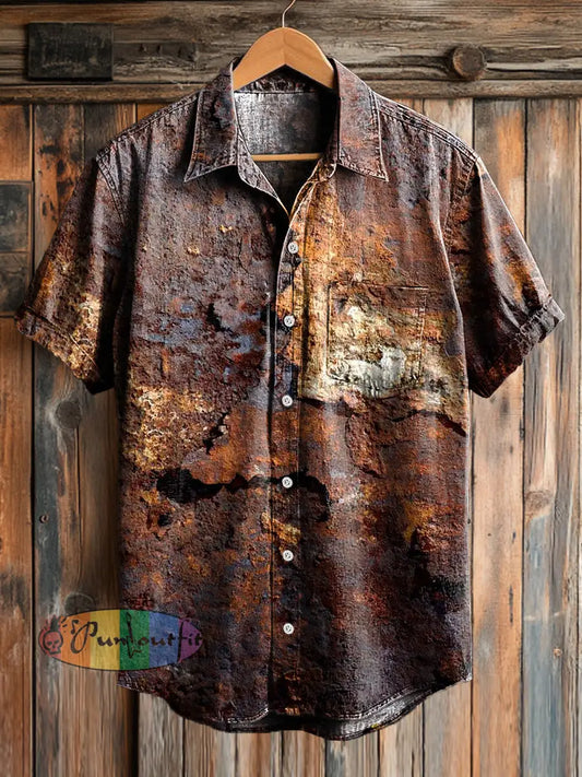 Men’s Vintage Rust Print Casual Short Sleeve Pocket Shirt Colorful / S