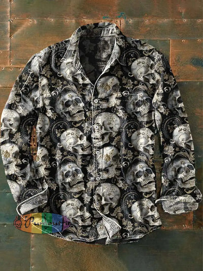 Men’s Vintage Skull Floral Print Casual Long Sleeve Shirt As Picture / S