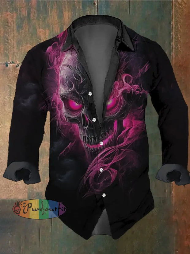 Men’s Vintage Skull Misty Print Long Sleeve Shirt Multicolor / S