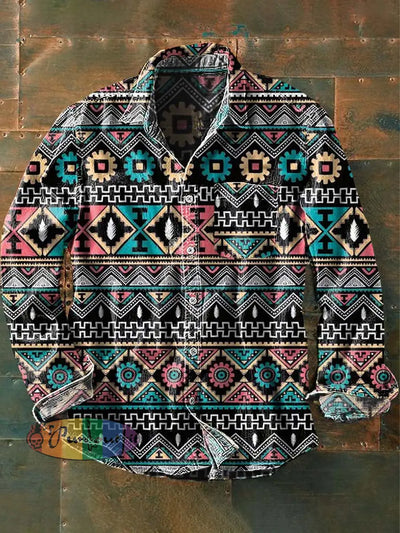 Mens Vintage Tribal Abstract Print Casual Lapel Long Sleeve Shirt As Picture / S