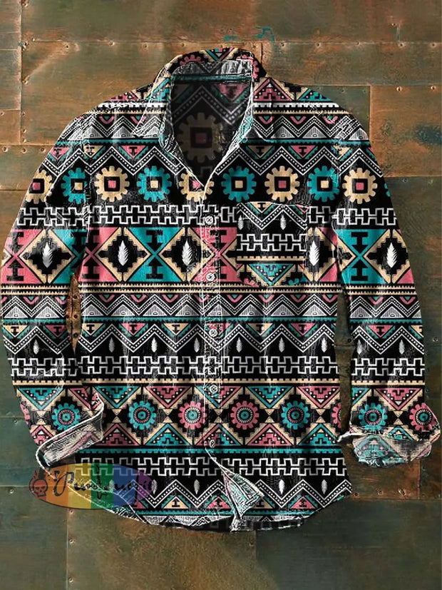 Mens Vintage Tribal Abstract Print Casual Lapel Long Sleeve Shirt As Picture / S