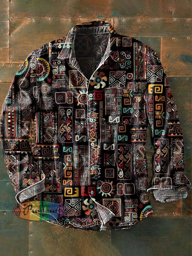 Mens Vintage Tribal Abstract Print Casual Lapel Long Sleeve Shirt As Picture / S