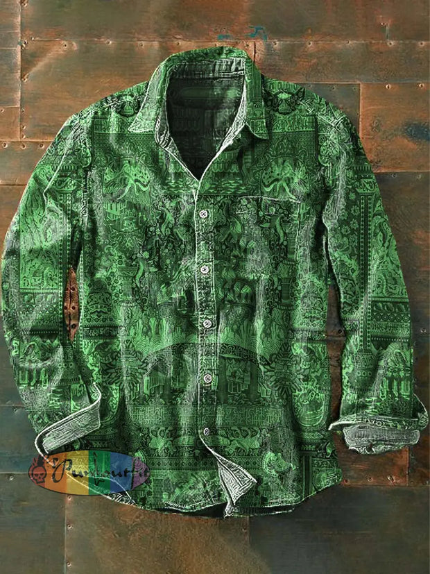 Men’s Vintage Tribal Abstract Print Casual Lapel Long Sleeve Shirt As Picture / S