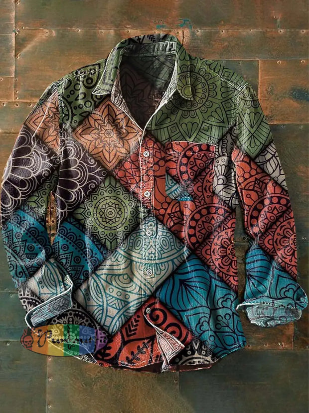 Mens Vintage Tribal Abstract Print Casual Lapel Long Sleeve Shirt As Picture / S