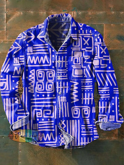 Men’s Vintage Tribal Ethnic Print Casual Lapel Long Sleeve Shirt As Picture / S